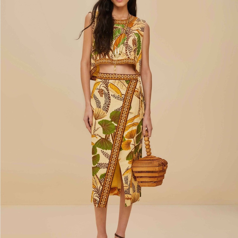 NWT FARM RIO Sand Foliage Sketch Euroflax™ linen Midi Skirt